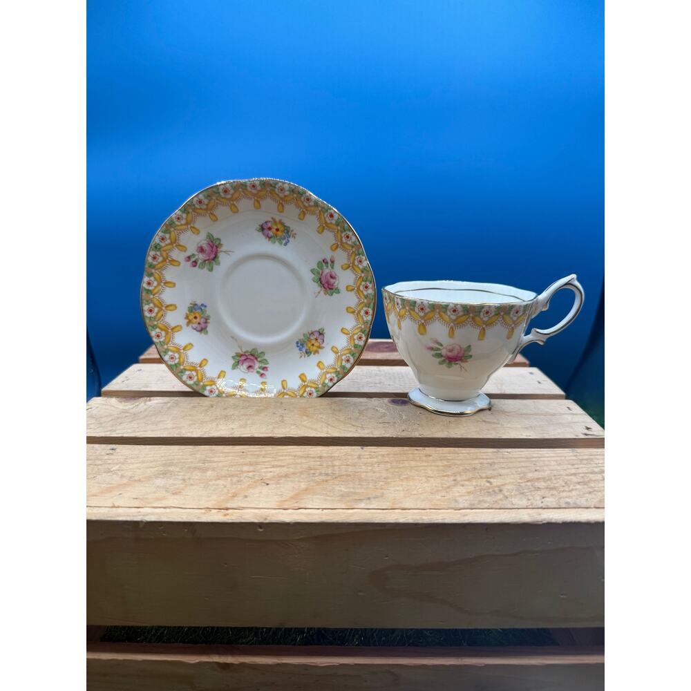 Vintage Royal Albert Torquay Teacup/Saucer Set-Bone China Yellow Swag/Pink Roses